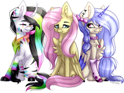 Size: 1024x769 | Tagged: safe, artist:adakola, ponerpics import, fluttershy, oc, oc:axelle, oc:snow breeze, alicorn, pegasus, pony, unicorn, alicorn oc, bandana, collar, curved horn, female, fluffy, mare, multicolored hair, rainbow hair, simple background, sitting, transparent background