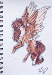 Size: 1024x1479 | Tagged: safe, artist:adakola, ponerpics import, oc, oc only, oc:kyra, pegasus, pony, female, flying, mare, solo, traditional art