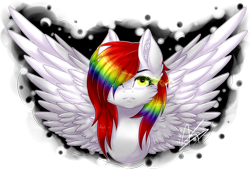 Size: 1024x698 | Tagged: safe, artist:adakola, ponerpics import, oc, oc only, oc:rainbow blast, pegasus, pony, female, mare, multicolored hair, rainbow hair, simple background, solo, spread wings, transparent background, wings