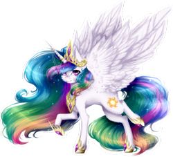 Size: 1024x931 | Tagged: safe, artist:adakola, ponerpics import, princess celestia, alicorn, pony, cheek fluff, chest fluff, female, fluffy, hock fluff, horn jewelry, jewelry, looking at you, mare, raised leg, simple background, solo, spread wings, transparent background, white outline, wings