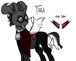 Size: 1083x864 | Tagged: safe, artist:dsstoner, oc, oc:phalo, changeling, cape, clothes, cravat, horns, male, reference sheet, sharp teeth, sunglasses, teeth