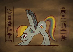 Size: 1024x733 | Tagged: artist needed, safe, rainbow dash, pegasus, pony, :t, ears, egyptian, face down ass up, female, floppy ears, hieroglyphics, iwtcird, mare, meme, papyrus, scrunchy face, spread wings