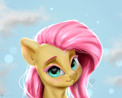 Size: 1280x1022 | Tagged: safe, artist:inky_mitts, derpibooru import, fluttershy, pony, bust, cute, female, looking at you, mare, portrait, shyabetes, sky background, smiling, solo, three quarter view