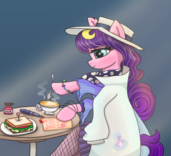 Size: 2532x2310 | Tagged: safe, artist:starsilk, derpibooru import, oc, oc:star silk, pegasus, clothes, coat, cup, food, hat, herbivore, hoof hold, ink bottle, pen, sandwich, skirt, smiling, solo, spoon, table, vegetables