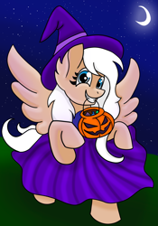 Size: 2109x3007 | Tagged: safe, artist:starsilk, derpibooru import, oc, pegasus, candy, food, halloween, hat, holiday, looking at you, moon, pumpkin bucket, smiling, solo, star silk, witch costume, witch hat