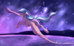 Size: 2954x1828 | Tagged: safe, artist:magicbalance, artist:vitanistarcat, derpibooru import, oc, oc only, oc:summer ray, pegasus, pony, chest fluff, commission, ears, female, floppy ears, flying, lake, leg fluff, mare, night, night sky, sky, solo, spread wings, starry night, stars, tail band, water, wings