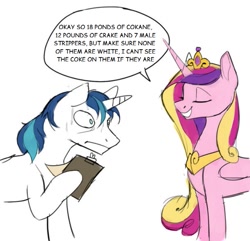 Size: 697x671 | Tagged: safe, artist:cadillacdynamite, derpibooru import, princess cadance, shining armor, alicorn, pony, unicorn, comic:master chief and luna hanging out, drugs, hoof hold, implied drug use, meme, misspelling, parody, peytral, speech bubble, sweat, text