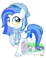 Size: 1721x2185 | Tagged: safe, artist:whiteplumage233, derpibooru import, oc, oc:bluelight shooter, pegasus, pony, clothes, colored wings, female, glasses, mare, multicolored wings, obtrusive watermark, scarf, simple background, solo, transparent background, watermark, wings