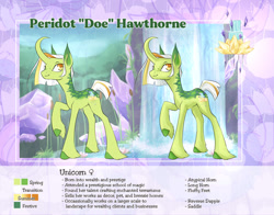 Size: 1280x1004 | Tagged: safe, artist:paisleyperson, derpibooru import, oc, oc only, oc:peridot hawthorne, pony, unicorn, curved horn, female, horn, mare, reference sheet, solo, waterfall