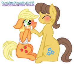 Size: 870x749 | Tagged: safe, artist:venomous-cookietwt, derpibooru import, applejack, caramel, pony, bandage, blushing, carajack, female, male, shipping, simple background, straight, transparent background