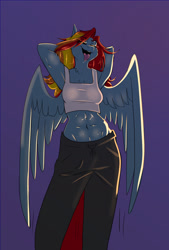 Size: 975x1440 | Tagged: safe, artist:unfinishedheckery, derpibooru import, rainbow dash, anthro, pegasus, arm behind head, belly button, breasts, clothes, digital art, eyes closed, female, midriff, open mouth, pants, simple background, solo, spread wings, tanktop, tongue, tongue out, wings