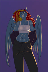 Size: 975x1440 | Tagged: safe, artist:unfinishedheckery, derpibooru import, rainbow dash, anthro, pegasus, abs, belly button, breasts, clothes, digital art, female, flying, grin, hoodie, looking at you, midriff, one eye closed, pants, simple background, smiling, smiling at you, solo, tail, tanktop, thighs, undressing