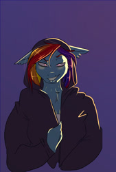 Size: 975x1440 | Tagged: safe, artist:unfinishedheckery, derpibooru import, rainbow dash, anthro, pegasus, bedroom eyes, breasts, digital art, female, looking at you, simple background, smiling, smiling at you, solo