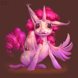 Size: 3000x3000 | Tagged: safe, artist:ls0tapok, derpibooru import, pinkie pie, alicorn, pony, adoracreepy, alicornified, creepy, female, glowing, glowing eyes, gray background, high res, horn, mare, nightmare fuel, one ear down, pinkiecorn, race swap, raised tail, simple background, smiling, solo, tail, wings, wrong eye color, xk-class end-of-the-world scenario