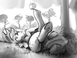 Size: 640x480 | Tagged: safe, artist:dimfann, derpibooru import, applejack, earth pony, pony, apple, black and white, featureless crotch, female, food, grayscale, hooves, lying down, mare, monochrome, on back, sketch, solo, underhoof