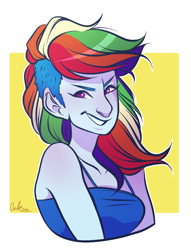 Size: 715x936 | Tagged: safe, artist:emzroze, derpibooru import, rainbow dash, equestria girls, abstract background, bust, clothes, female, grin, signature, smiling, solo