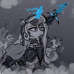 Size: 1200x1200 | Tagged: safe, artist:pony quarantine, derpibooru import, princess flurry heart, alicorn, pony, undead, zombie, zombie pony, frostmourne, glowing, glowing horn, horn, levitation, magic, monochrome, neo noir, older, older flurry heart, partial color, sword, telekinesis, warcraft, weapon