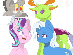 Size: 1280x960 | Tagged: safe, artist:artyfartyliz, derpibooru import, discord, starlight glimmer, thorax, trixie, changedling, changeling, draconequus, pony, unicorn, season 6, to where and back again, female, happy, male, reformed four, signature, simple background, sketch, white background