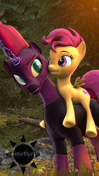 Size: 2160x3840 | Tagged: safe, artist:fanaticheretic7, derpibooru import, scootaloo, tempest shadow, pegasus, pony, unicorn, 3d, cute, disability, forest, magic, smiling, source filmmaker, sunlight, wholesome