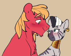 Size: 1280x1014 | Tagged: safe, artist:chub-wub, derpibooru import, big macintosh, zecora, earth pony, pony, zebra, bedroom eyes, blushing, ear piercing, earring, female, freckles, jewelry, looking at each other, macora, male, neck rings, piercing, shipping, stallion, straight