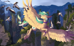 Size: 3000x1857 | Tagged: safe, artist:magicbalance, artist:vitanistarcat, derpibooru import, oc, oc only, oc:summer ray, pegasus, pony, flying, outdoors, ribbon, scenery, solo