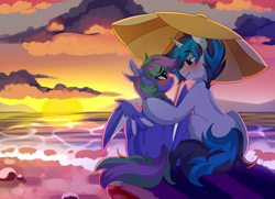 Size: 6200x4500 | Tagged: safe, artist:haruk, derpibooru import, oc, oc only, oc:lishka, oc:solar gizmo, pegasus, unicorn, beach, beach umbrella, blushing, female, horn, looking at each other, male, mare, pegasus oc, sitting, sitting together, stallion, sunset, tail, two toned mane, two toned tail, umbrella, unicorn oc