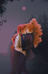 Size: 1335x2050 | Tagged: safe, artist:stummm, derpibooru import, adagio dazzle, sunset shimmer, equestria girls, alternate clothes, clothes, coat, eyes closed, female, forest, hand on hip, kissing, lesbian, moon, rain, shipping, sunsagio, sweater, turtleneck