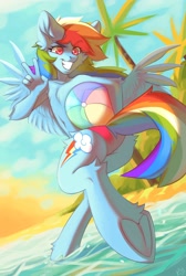 Size: 2689x4000 | Tagged: safe, artist:alkatoster, derpibooru import, rainbow dash, anthro, pegasus, unguligrade anthro, beach, beach ball, grin, looking at you, looking back, peace sign, smiling, solo, spread wings, underhoof, wings