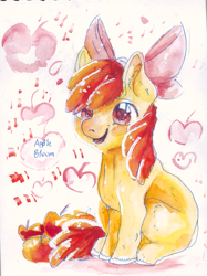 Size: 803x1074 | Tagged: safe, artist:temary03, derpibooru import, apple bloom, earth pony, pony, adorabloom, apple, cute, female, filly, food, happy, solo, traditional art