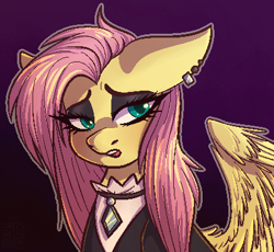 Size: 414x381 | Tagged: safe, artist:turbodragon451, derpibooru import, fluttershy, pegasus, pony, bust, clothes, ear piercing, ears, female, floppy ears, fluttergoth, goth, gradient background, looking at you, makeup, mare, open mouth, outline, piercing, portrait, solo, spread wings, three quarter view, wings