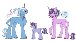 Size: 1280x690 | Tagged: safe, artist:mischievousartist, derpibooru import, starlight glimmer, trixie, oc, oc only, pony, unicorn, alternate cutie mark, alternate design, alternate hairstyle, bow, ear piercing, earring, ears, family, female, floppy ears, hair bow, jewelry, leonine tail, lesbian, magical lesbian spawn, offspring, parent:starlight glimmer, parent:trixie, parents:startrix, piercing, shipping, simple background, smiling, startrix, tail, transparent background, unshorn fetlocks