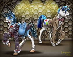 Size: 1024x792 | Tagged: safe, artist:amalgamzaku, derpibooru import, oc, oc only, pegasus, pony, unicorn, clothes, doctor who, mouth hold, not shining armor, sonic screwdriver