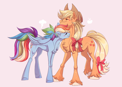 Size: 3333x2372 | Tagged: safe, artist:1an1, derpibooru import, applejack, rainbow dash, earth pony, pegasus, pony, alternate hairstyle, appledash, applejack's hat, bow, chest fluff, clothes, cowboy hat, cute, dashabetes, eyes closed, female, hair bow, hat, jackabetes, lesbian, shipping, unshorn fetlocks