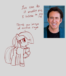 Size: 1300x1500 | Tagged: safe, artist:kabayo, derpibooru import, ponerpics import, marble pie, earth pony, human, pony, /mlp/, book, clothes, dialogue, encouragement, female, gray background, hoof hold, irl, mare, monochrome, nicolas cage, open mouth, open smile, photo, simple background, smiling, sweater, talking