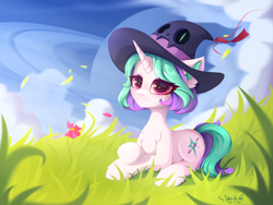 Size: 3900x2925 | Tagged: safe, artist:stahlkat, derpibooru import, oc, oc only, oc:magic wind, pony, unicorn, female, grass, hat, lying down, prone, solo, witch, witch hat