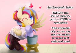 Size: 1920x1344 | Tagged: safe, derpibooru import, oc, oc:golden gates, pegasus, pony, argument in the comments, babscon, clothes, coronavirus, female, gloves, mare, mascot, nurse outfit, pegasus oc, pencil, wings