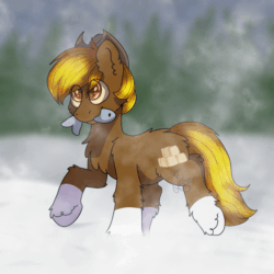 Size: 719x719 | Tagged: safe, artist:bluemoon, oc, oc only, oc:acres, earth pony, fish, pony, animated, blonde, blonde mane, blonde tail, brown coat, chest fluff, coat markings, cowboy hat, ear fluff, ears, earth pony oc, eye clipping through hair, fluffy, gif, male, mouth hold, race swap, raised hoof, raised leg, snow, snow pony, snowpony (species), solo, stallion, taiga pony, unshorn fetlocks, winter coat, ych result