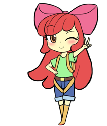 Size: 843x1000 | Tagged: safe, artist:lumineko, apple bloom, equestria girls, blushing, falling, one eye closed, peace sign, simple background, solo, transparent background, wink