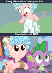 Size: 430x600 | Tagged: safe, edit, edited edit, edited screencap, editor:undeadponysoldier, screencap, cozy glow, spike, dragon, pegasus, pony, school raze, the ending of the end, bag, bow, cozy deserved this, cozylove, duo, female, filly, freckles, hair bow, male, paper bag, pursuit, reformed