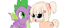 Size: 989x378 | Tagged: safe, edit, editor:undeadponysoldier, spike, oc, oc:silk stocking, earth pony, pony, adorable face, bangs, canon x oc, cute, female, filly, hair beads, happy, hug, open mouth, ponytail, side hug, silkabetes, silkspike, simple background, spikabetes, tail bun, transparent background, vector, vector edit