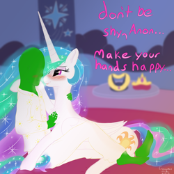 Size: 2000x2000 | Tagged: safe, artist:enonnnymous, princess celestia, oc, oc:anon, alicorn, human, pony, /sun/, bedroom, bedroom eyes, chest fluff, clothes, duo, ethereal mane, female, hand on chest fluff, heart eyes, human on pony snuggling, mare, missing accessory, sharing breath, snuggling, wingding eyes