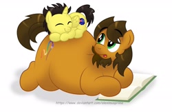 Size: 2616x1701 | Tagged: safe, artist:aleximusprime, derpibooru import, oc, oc only, oc:alex the chubby pony, oc:tommy the human, alicorn, earth pony, pony, belly, big belly, book, butt, butt pillow, chubby, commission, commissioner:bigonionbean, duo, duo male, eyes closed, facial hair, fat, large butt, looking back, lying down, male, open mouth, simple background, sleeping, sleeping on top of someone, smiling, stallion, white background