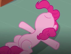 Size: 557x418 | Tagged: safe, derpibooru import, screencap, pinkie pie, earth pony, pony, too many pinkie pies, belly, female, imminent belly rub, lying down, on back, resting, smiling, solo, sugarcube corner