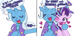 Size: 2048x1003 | Tagged: safe, artist:cherivinca, derpibooru import, starlight glimmer, trixie, pony, unicorn, accessory swap, blush sticker, blushing, closed, clothes, comic, dialogue, eye, eyes, eyes closed, female, floating heart, hat, heart, heart eyes, hug, lesbian, one eye closed, open mouth, open smile, shipping, smiling, speech bubble, startrix, trixie's hat, wingding eyes
