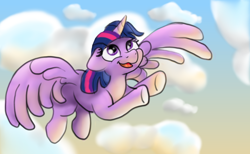 Size: 4000x2458 | Tagged: safe, artist:pony-thunder, derpibooru import, twilight sparkle, twilight sparkle (alicorn), alicorn, pony, cloud, ears, female, floppy ears, flying, high res, horn, inktober, mare, multicolored mane, open mouth, purple eyes, sky, solo, spread wings, underhoof, wings