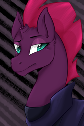 Size: 1200x1800 | Tagged: safe, artist:bennythebunny95, derpibooru import, tempest shadow, pony, unicorn, broken horn, bust, clothes, female, horn, solo