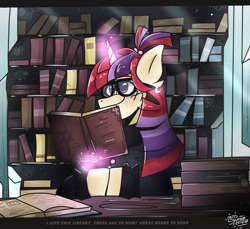 Size: 2400x2200 | Tagged: safe, artist:its_sunsetdraws, derpibooru import, moondancer, pony, unicorn, book, bookshelf, female, glowing, glowing horn, horn, library, reading, solo