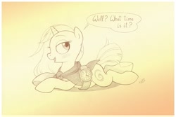 Size: 1073x716 | Tagged: safe, artist:sherwoodwhisper, derpibooru import, oc, oc:eri, pony, unicorn, cape, clothes, dialogue, female, filly, inktober, inktober 2021, looking at you, monochrome, open mouth, solo, talking to viewer, watch, wristwatch