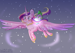 Size: 4900x3500 | Tagged: safe, artist:inkwellartz, derpibooru import, princess cadance, spike, alicorn, dragon, pony, the crystal empire, 2019, crystal heart, female, flying, male, night, scene interpretation, signature, snow