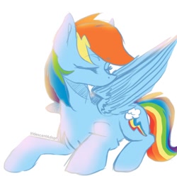 Size: 928x922 | Tagged: safe, artist:iridescentadopt, derpibooru import, rainbow dash, pegasus, pony, chest fluff, cute, dashabetes, eyes closed, female, grooming, lying down, mare, preening, prone, simple background, solo, white background, wings